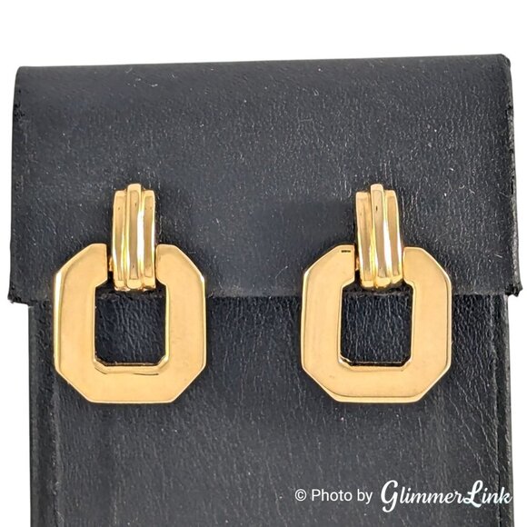 Octagonal Doorknocker Style Gold Tone Pierced Drop Earrings - Picture 3 of 9